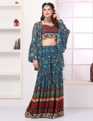 Teal blue printed sharara suit in georgette for reception