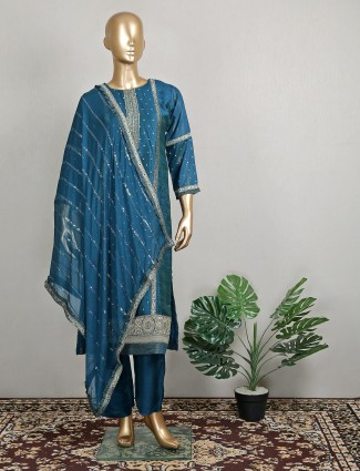 Teal-blue silk pant suit for women