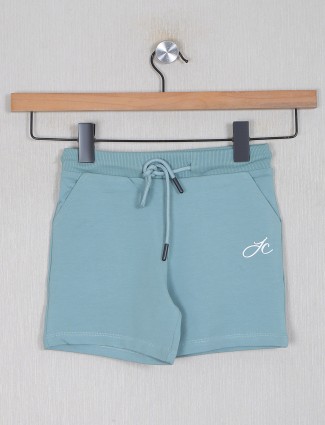 Teal blue solid cotton shorts for girls