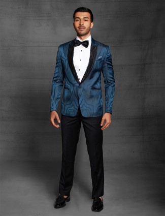 Teal blue terry rayon fabric mens tuxedo coat suit