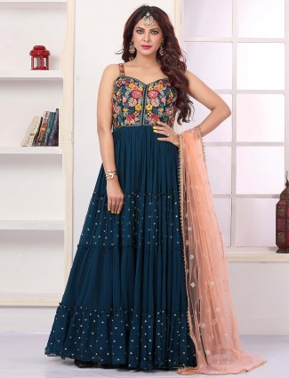Teal-blue thread decorated anarkali suit with contrast dupatta