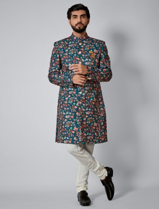 Teal green terry rayon printed indo western for men