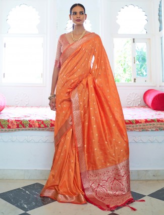 Tengy orange charming silk saree for wedding season
