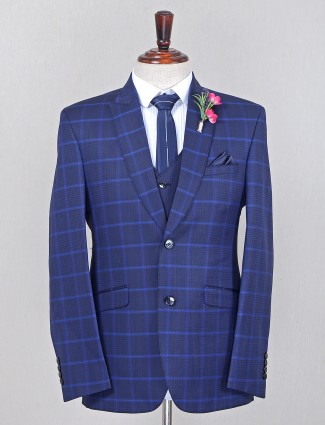 Terry rayon party wear blue coat suit in checks style
