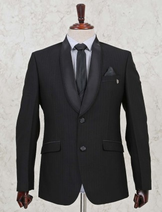 Terry rayon solid black three piece coat suit