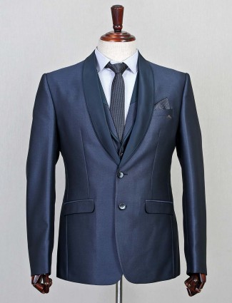Terry rayon solid blue three piece coat suit