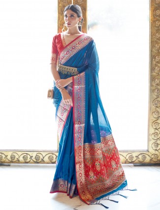 Tussar silk wedding look alluring royal blue with zari weaving saree