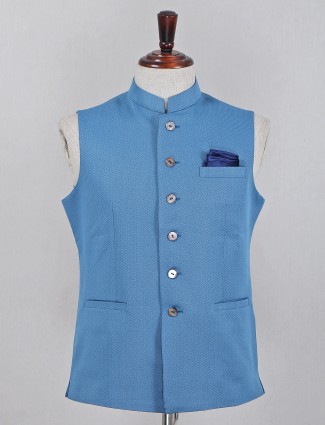 Textured blue cotton silk waistcoat for mens 