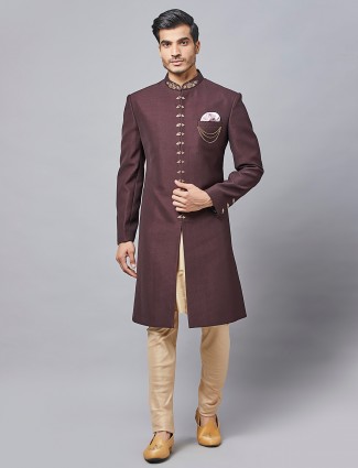 Textured brown color indo western suit for wedding