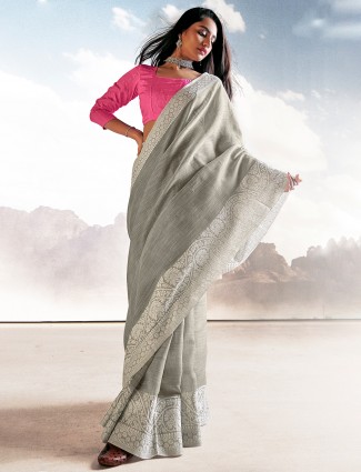 Thread weaving linen saree for festive events in grey