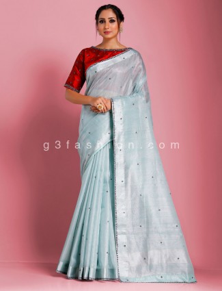 Tissue cotton sky blue oxodise sequins work redymade blouse saree