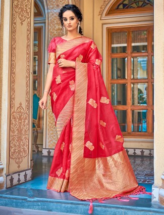 Tissue silk saree for wedding functions in charming magenta