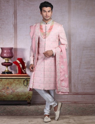 Traditional pink sherwani set in silk