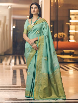 Trendy aqua raw silk saree for wedding seasons