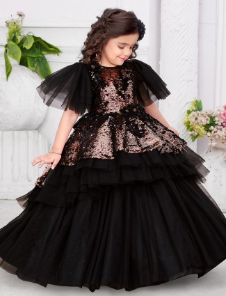 Trendy black sequins worked net gown for girls