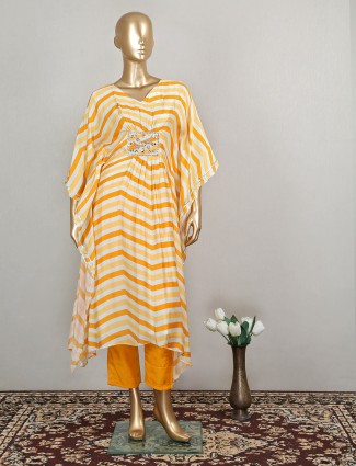 Trendy bright yellow kaftan style cotton pant set for festive