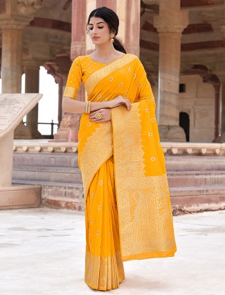 Trendy bright yellow silk saree for wedding function