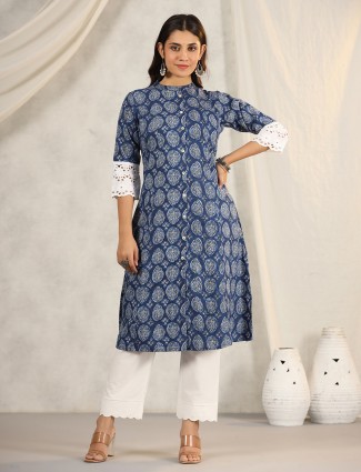 Trendy cotton blue printed kurti