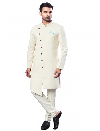 Trendy cream cotton silk festive wear semi indowestern