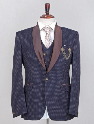 Trendy dark blue desigenr terry rayon textured coat suit set
