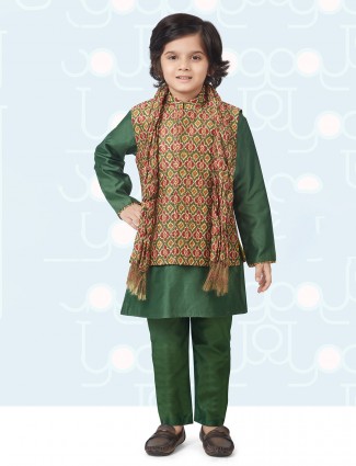 Trendy green silk waistcoat set for boys