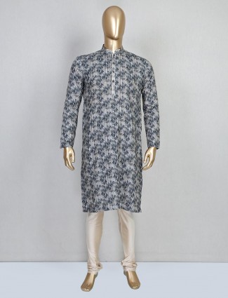 Trendy grey printed cotton mens kurta suit