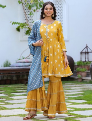 Trendy honey yellow punjabi style cotton sharara set for festive