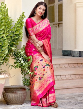 Trendy magenta designer banarasi silk saree for wedding events