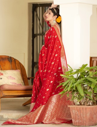 Trendy red banarasi silk sari for wedding seasons