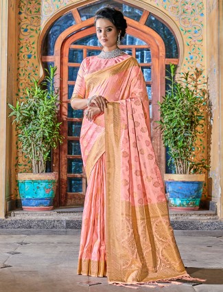 Trendy peach banarasi silk saree for wedding ceremonies