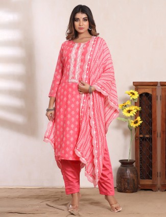 Trendy pink cotton punjabi kaftan pant set for women