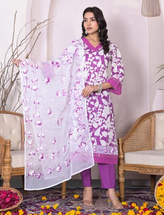 Trendy purple printed kurti set in cotton
