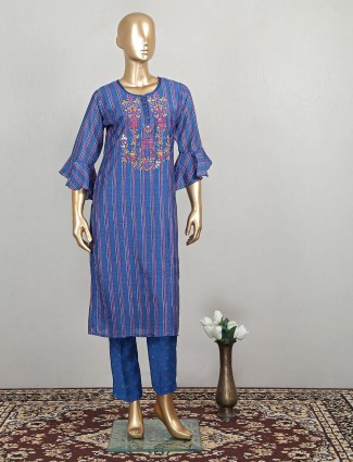 Trendy royal blue punjabi style stripe cotton pant set for festive