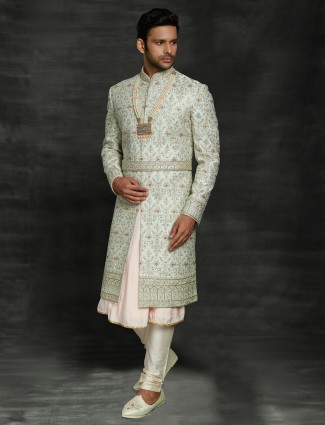 Trendy sky blue double layer sherwani in silk for groom