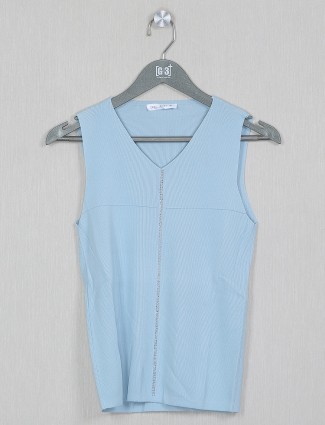 Trendy sky blue knitted solid casual wear top