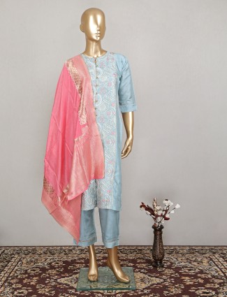 Trendy teal blue punjabi style raw silk pant set for festive