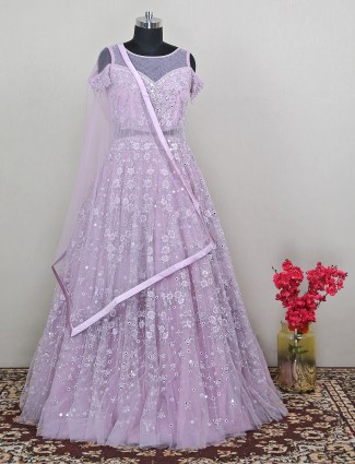 Trendy wedding and party events net gown in periwinkle violet