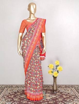 Trendy beige and red cotton silk sari for festive seasons