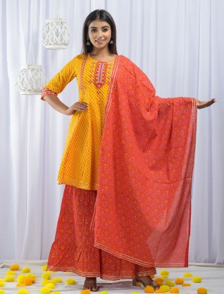 Turmeric yellow punjabi printed festive wear cotton sharara suit