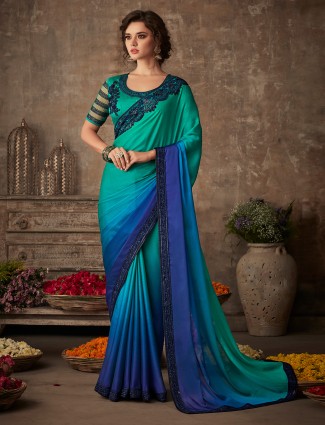 Turquoise green festive and party events satin saree