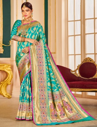 Turquoise green wedding look banarasi silk elegant saree