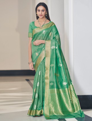 Turquoise green wonderful wedding functions linen saree