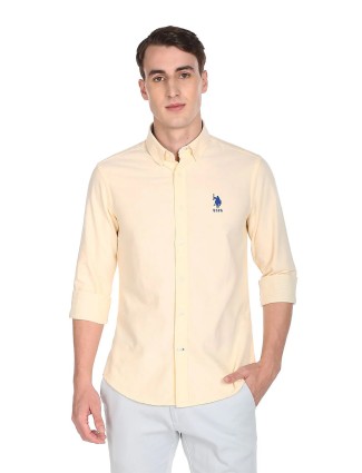 U S POLO ASSN cotton plain light yellow shirt