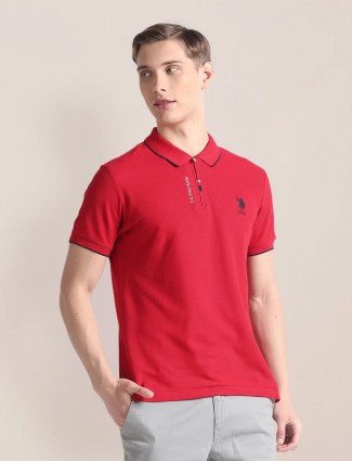 U S POLO ASSN cotton red plain t-shirt
