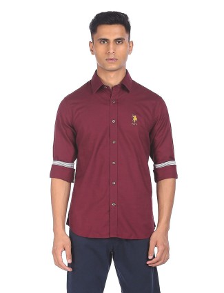 US Polo solid maroon cotton casual shirt