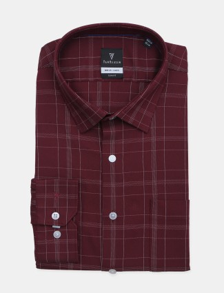 Van Heusen maroon cotton checks formal shirt