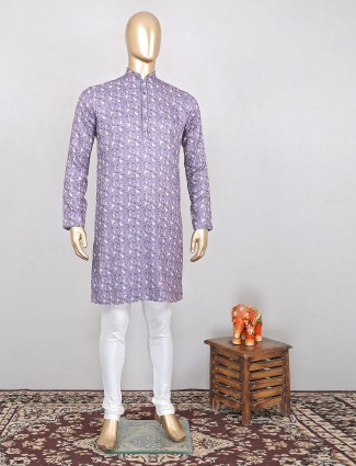 Violet color festive wear printed cotton silk kurta suit