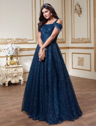 Voguish prussian blue hue designer net gown for women