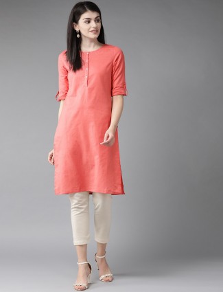 W Designer peach solid cotton casual wear kurti
