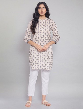 W generous beige printed casual wear cotton kurti